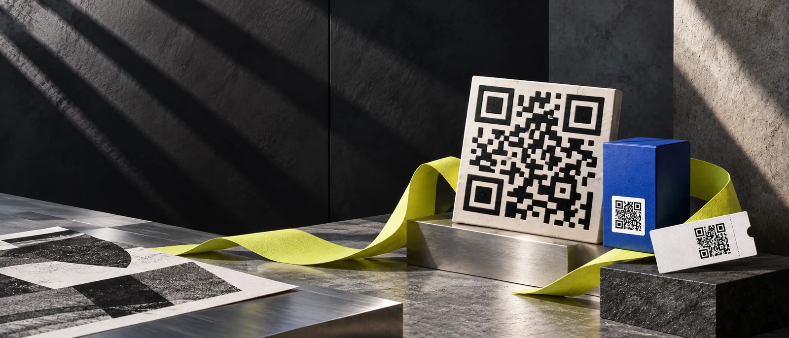 Предметная композиция с рельефным QR-кодом, упаковкой, билетом и яркой бумажной лентой