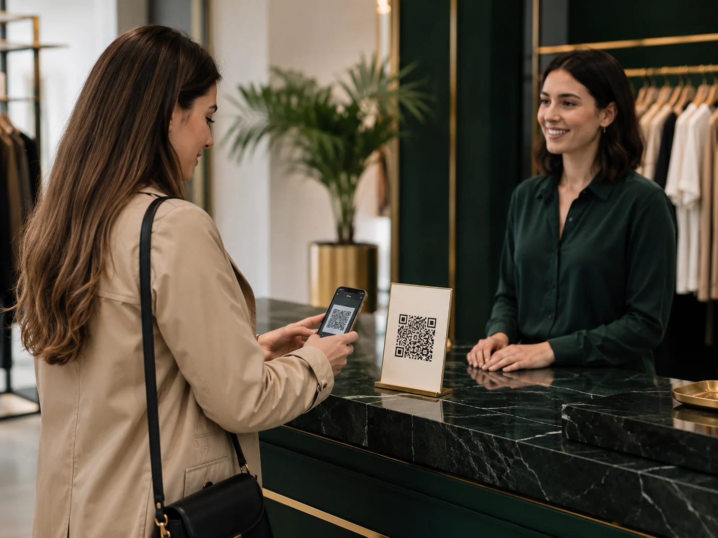Посетитель сканирует QR-код у стойки магазина